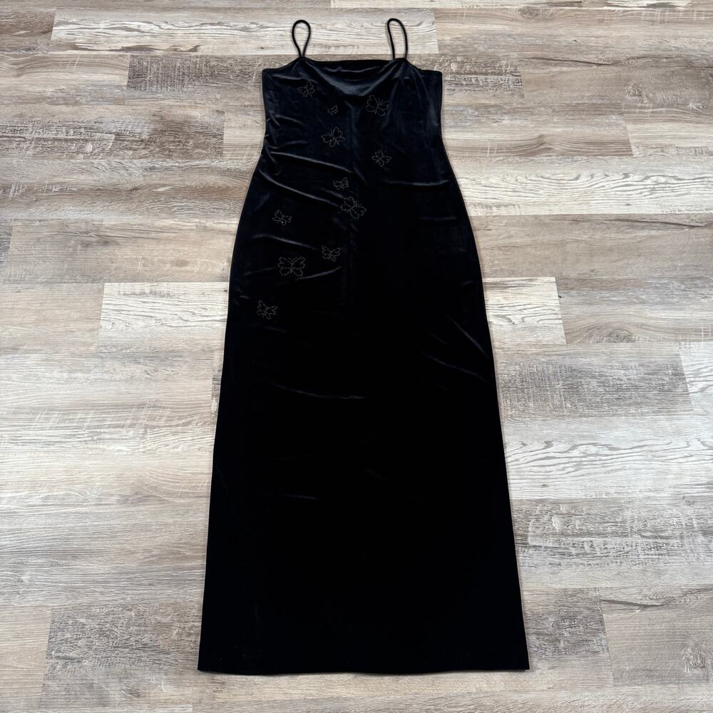 Vintage 90s Black Velvet Maxi Dress Beaded Butterfly Spaghetti Strap Goth Large
